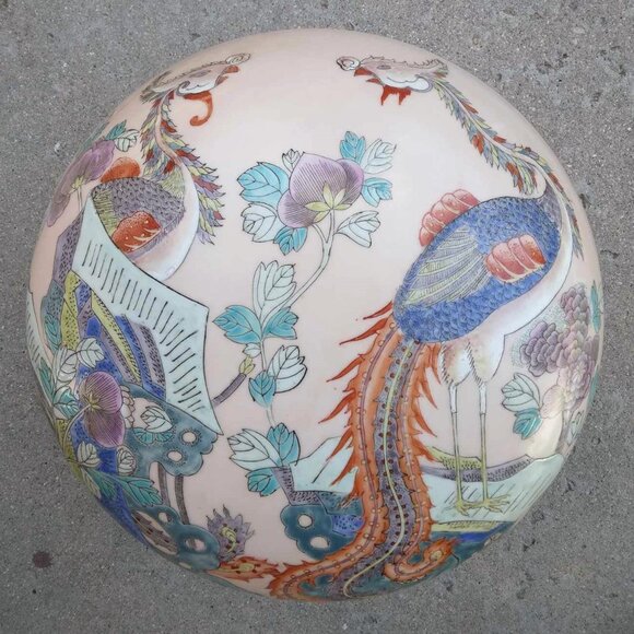 Stunning Large "Courting Birds" Vintage Asian Famille Rose Porcelain Covered Bow